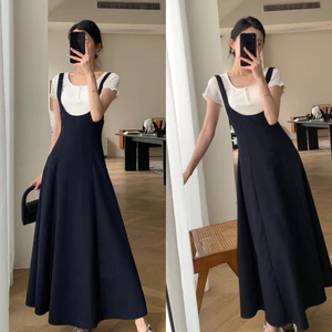 Set Yếm Váy Xanh Than Dáng Xoè Mix Áo Trắng Tay Cộc Siêu Xinh , Bộ Váy Yếm Vintage Dáng Dài Có Ảnh Thật