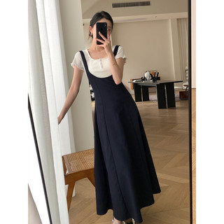 [S2.279] Set Yếm Váy Xanh Than Dáng Xoè Mix Áo Trắng Tay Cộc Siêu Xinh , Bộ Váy Yếm Vintage Dáng Dài Có Ảnh Thật