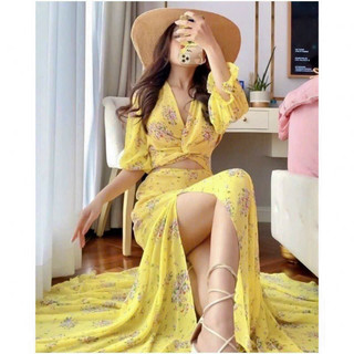 Đầm maxi đi biển siêu sang chảnh chất voan hoa cổ V tay lỡ phối xẻ hở eo váy maxi xoè xẻ trước phong cách