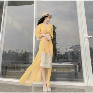 Đầm maxi đi biển siêu sang chảnh chất voan hoa cổ V tay lỡ phối xẻ hở eo váy maxi xoè xẻ trước phong cách