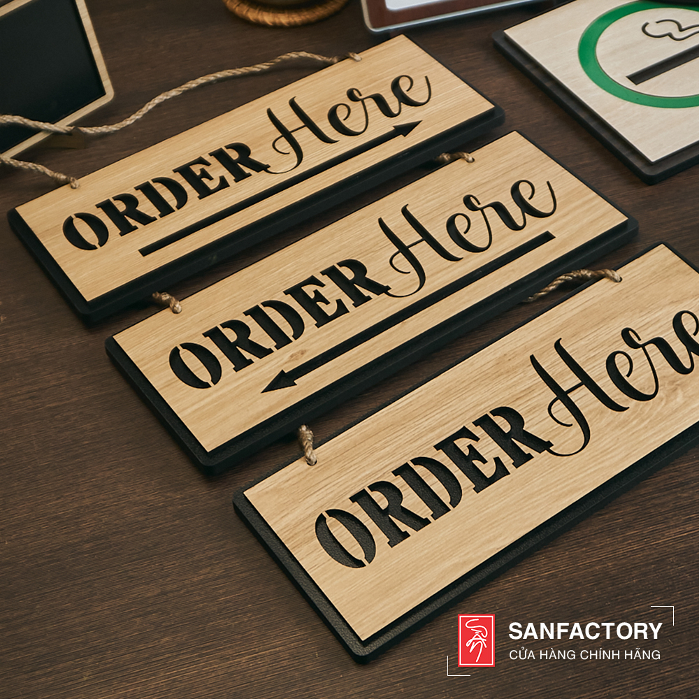 [SAN-OR05] Biển Bảng Gỗ Order Here chỉ hướng loại treo tường - tặng kèm đinh treo