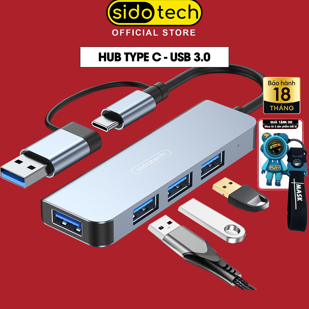 Hub usb type c 3.0 tốc độ cao 4 port SIDOTECH cổng chia mở rộng kết nối chuyển đổi cho PC máy tính laptop táo máy in