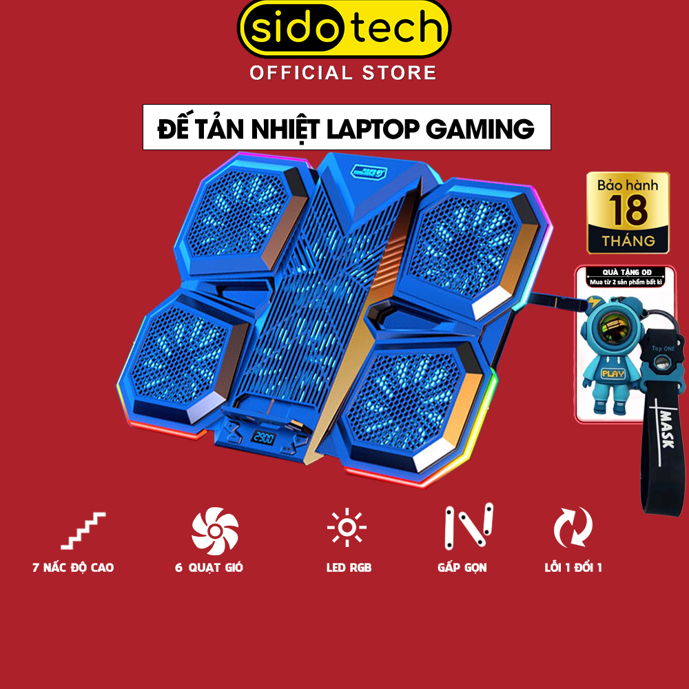 Đế tản nhiệt laptop gaming SIDOTECH ICE F7 kệ kê giá đỡ laptop 6 quạt làm mát nhanh đèn Led RGB 7 nấc chỉnh độ cao