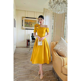Đầm xòe váy thiết kế lệch vai bông vai thanh lịch đen, trắng, đỏ, vàng, xanh.X009