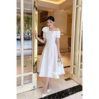 Đầm xòe váy thiết kế lệch vai bông vai thanh lịch đen, trắng, đỏ, vàng, xanh.X009