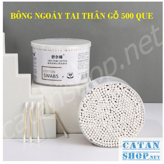 Bông Ngoái Tai Người Lớn Lấy Ráy Tai Thân Gỗ 500 Que, Tăm Bông Gỗ Hộp Bông Trang điểm 2 Đầu Tròn Xoắn