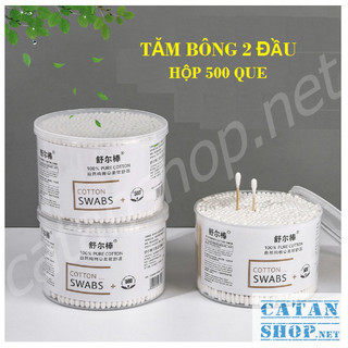 Bông Ngoái Tai Người Lớn Lấy Ráy Tai Thân Gỗ 500 Que, Tăm Bông Gỗ Hộp Bông Trang điểm 2 Đầu Tròn Xoắn