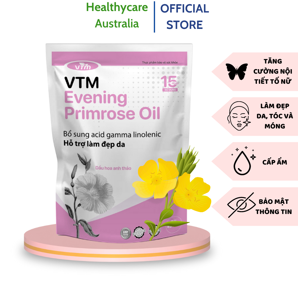Viên uống tinh dầu hoa anh thảo VTM Evening Primrose Oil, hỗ trợ cân bằng nội tiết tố, làm đẹp da, tóc, móng