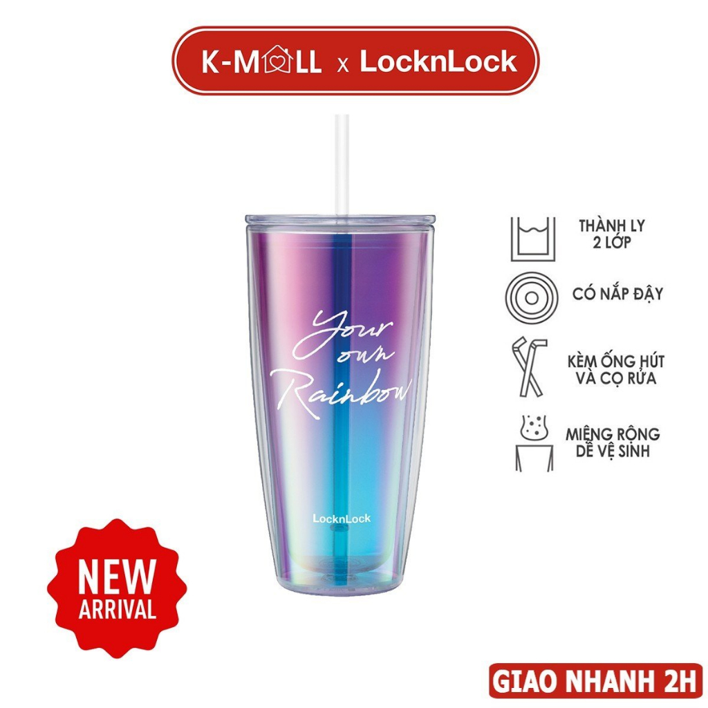 Ly nhựa 2 lớp LocknLock Rainbow double wall cold cup HAP507 Màu Tím , kèm ống hút và cọ rửa - K-MALL