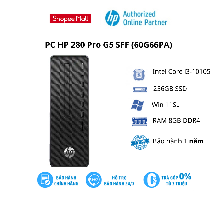 Máy tính để bàn HP 280 Pro G5 SFF (60G66PA)/ Đen/ Intel Core i3-10105/ Ram 4GB/ 256GB SSD/ Intel UHD Graphics/ WL BT/ K&