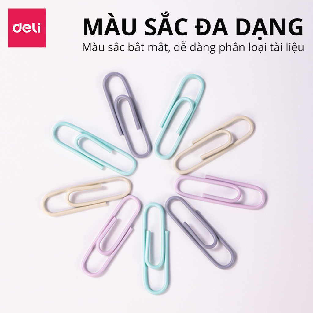 Hộp 100 160 200 ghim vòng kẹp giấy Deli kẹp tài liệu văn phòng phẩm nhỏ gọn giữ giấy tờ màu sắc pastel đa năng tiện lợi