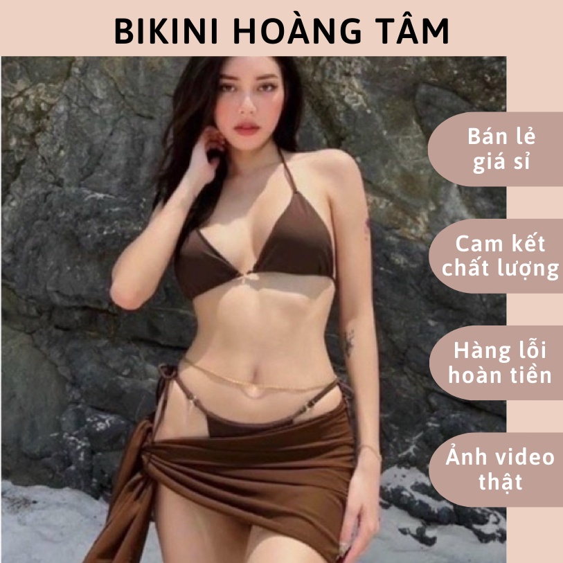 Bikini sét 3 món kèm khăn cột Nâu Tây