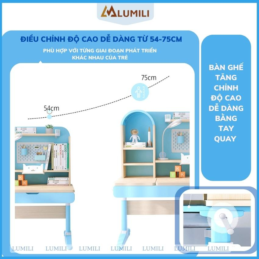 Bộ bàn học chống gù gỗ tự nhiên cao cấp Lumili S4 size lớn nâng hạ độ cao tay quay, điều chỉnh nghiêng dễ dàng