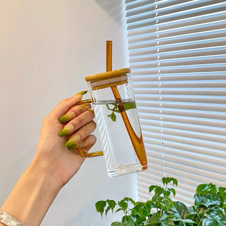 Bộ Cốc Thủy Tinh Hàn quốc 400ml kèm Nắp gỗ Và Ống Hút thủy tinh siêu đẹp