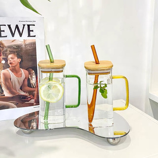 Bộ Cốc Thủy Tinh Hàn quốc 400ml kèm Nắp gỗ Và Ống Hút thủy tinh siêu đẹp