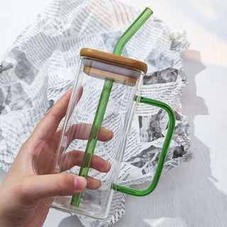 Bộ Cốc Thủy Tinh Hàn quốc 400ml kèm Nắp gỗ Và Ống Hút thủy tinh siêu đẹp