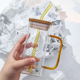 Bộ Cốc Thủy Tinh Hàn quốc 400ml kèm Nắp gỗ Và Ống Hút thủy tinh siêu đẹp