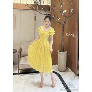 Đầm thời trang nữ mặc đi chơi chất xốp nhún cổ vuông tay ngắn phối tầng ngực nhún đính cườm có mút váy maxi xoè có lót