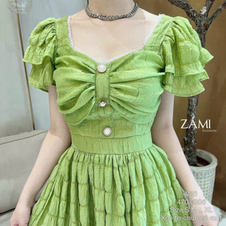 Đầm thời trang nữ mặc đi chơi chất xốp nhún cổ vuông tay ngắn phối tầng ngực nhún đính cườm có mút váy maxi xoè có lót
