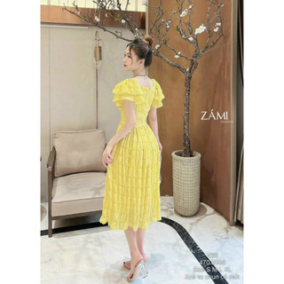 Đầm thời trang nữ mặc đi chơi chất xốp nhún cổ vuông tay ngắn phối tầng ngực nhún đính cườm có mút váy maxi xoè có lót