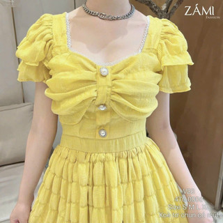 Đầm thời trang nữ mặc đi chơi chất xốp nhún cổ vuông tay ngắn phối tầng ngực nhún đính cườm có mút váy maxi xoè có lót
