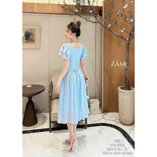 Đầm thời trang nữ mặc đi chơi chất xốp nhún cổ vuông tay ngắn phối tầng ngực nhún đính cườm có mút váy maxi xoè có lót