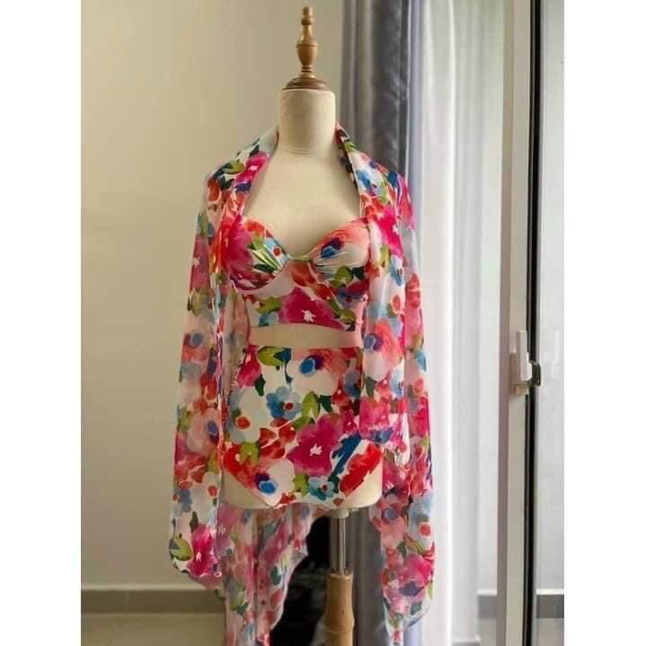 ĐỒ BƠI ĐI BIỂN,BIKINI HOA HỒNG KÈM KHĂN MẪU MỚI QUYẾN RŨ BKN15
