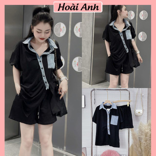 Set Bộ Đồ Nữ Áo Phông Nữ Mix Cổ Sơ Mi Bò Cúc Dọc Túi Ngực Vạt Lệch Mix Quần Sooc Đùi Nữ Freesize
