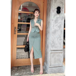 Set rời cổ vest váy ôm body sang trọng [ Váy nữu thiết kế thanh lịch, đen, trắng, bơ, min] S001