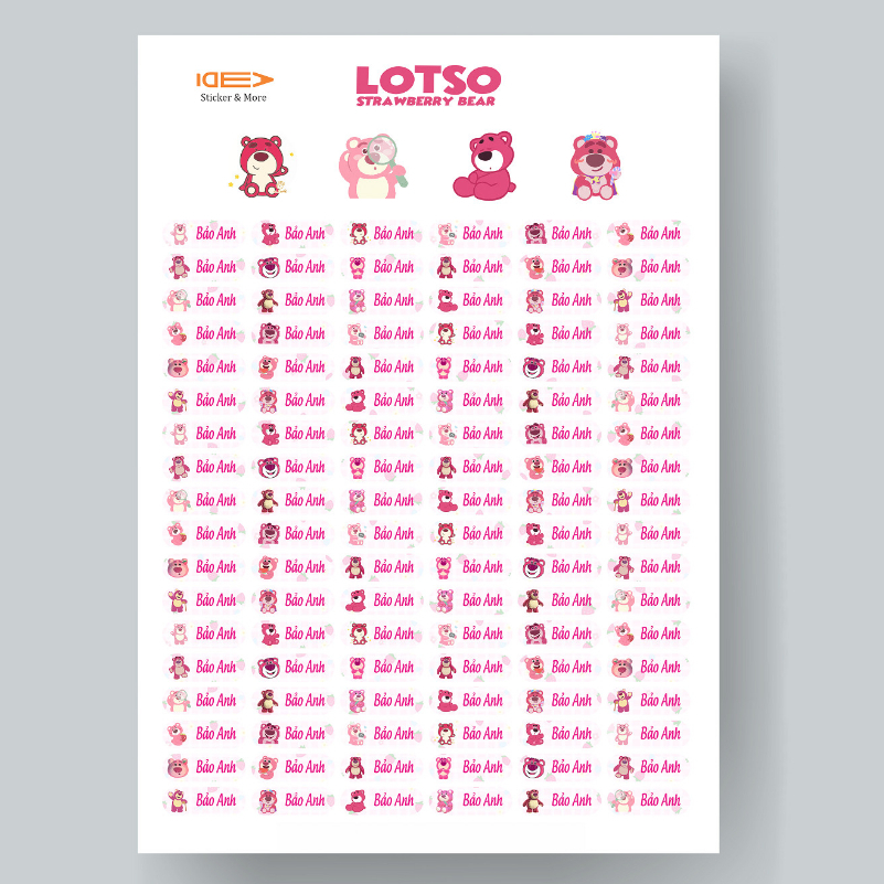 108 sticker LOTSO - GẤU DÂU dán đồ dùng học tập in tên riêng của bé ...