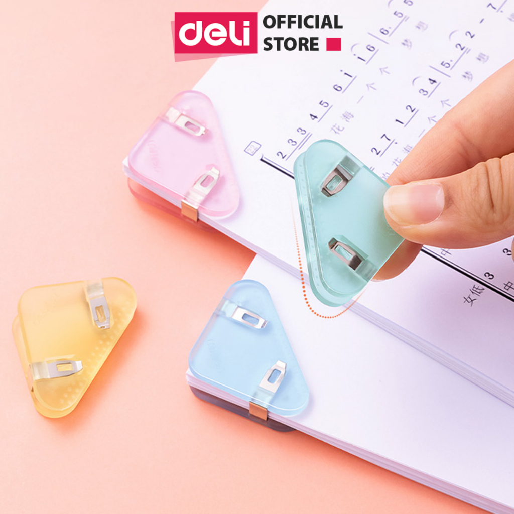 Set 4 kẹp giấy, kẹp đánh dấu trang sách, kẹp hồ sơ tài liệu tam giác bằng nhựa Deli thiết kế dễ thương màu pastel giá rẻ