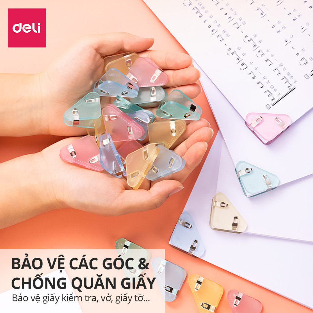 Set 4 kẹp giấy, kẹp đánh dấu trang sách, kẹp hồ sơ tài liệu tam giác bằng nhựa Deli thiết kế dễ thương màu pastel giá rẻ