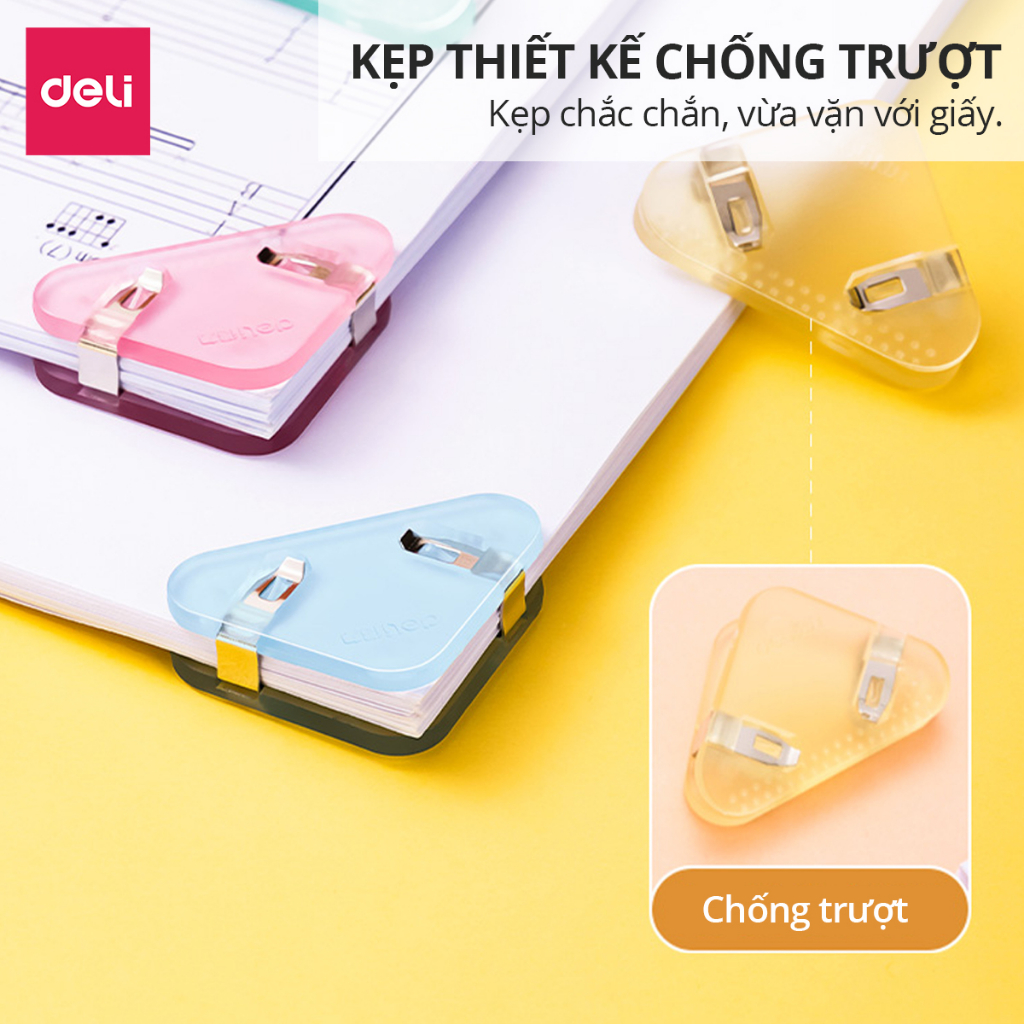 Set 4 kẹp giấy, kẹp đánh dấu trang sách, kẹp hồ sơ tài liệu tam giác bằng nhựa Deli thiết kế dễ thương màu pastel giá rẻ