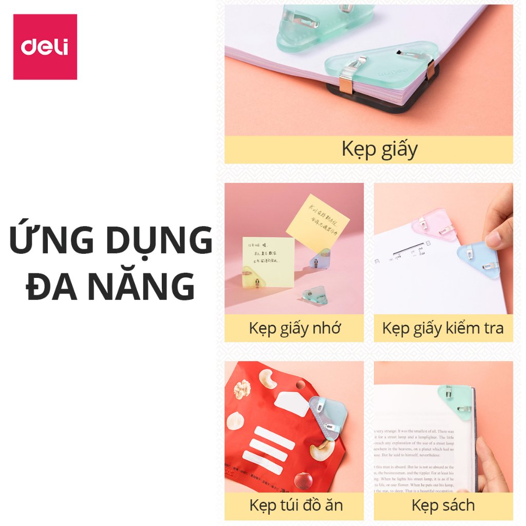 Set 4 kẹp giấy, kẹp đánh dấu trang sách, kẹp hồ sơ tài liệu tam giác bằng nhựa Deli thiết kế dễ thương màu pastel giá rẻ