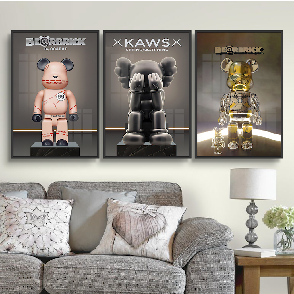 Tranh Tráng Gương Chú Gấu bearbrick/Kaws Treo Tường Phòng Khách/ Game Gaming/ Quà Tặng