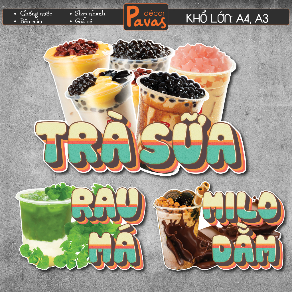 Decal Trà Sữa, Rau Má, Milo Dằm, Soda chống nước trang trí dán quán trà ...