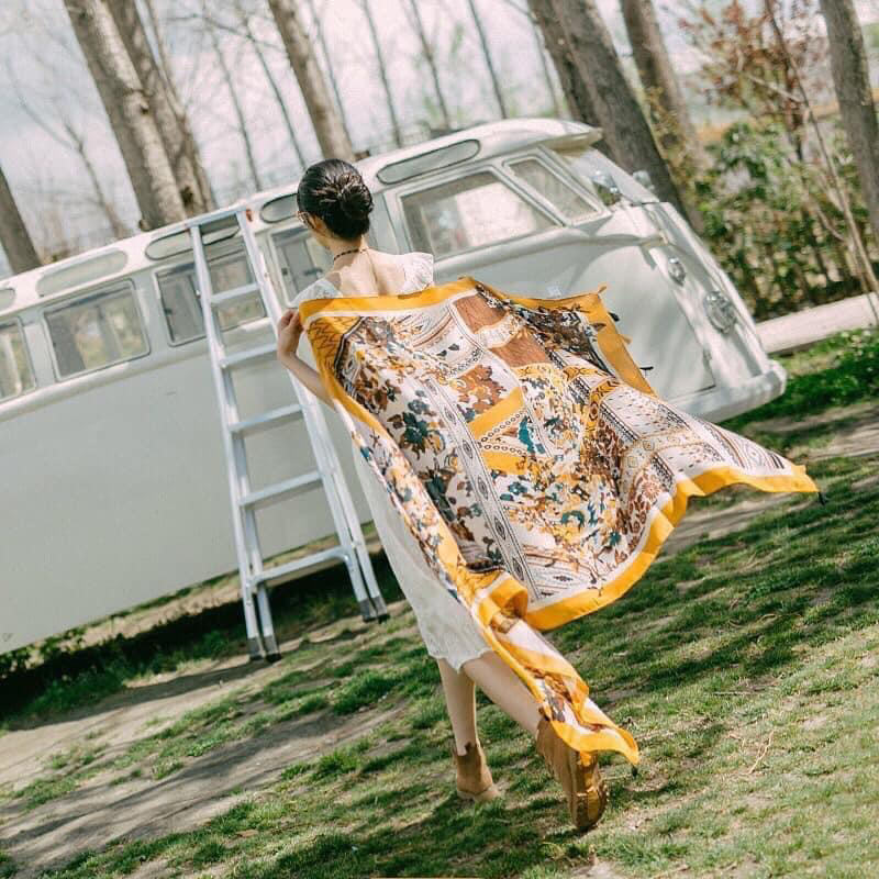 [Linen] Khăn Choàng Họa Tiết Thổ Cẩm Đi Biển Phong Cách Vintage Màu Vàng