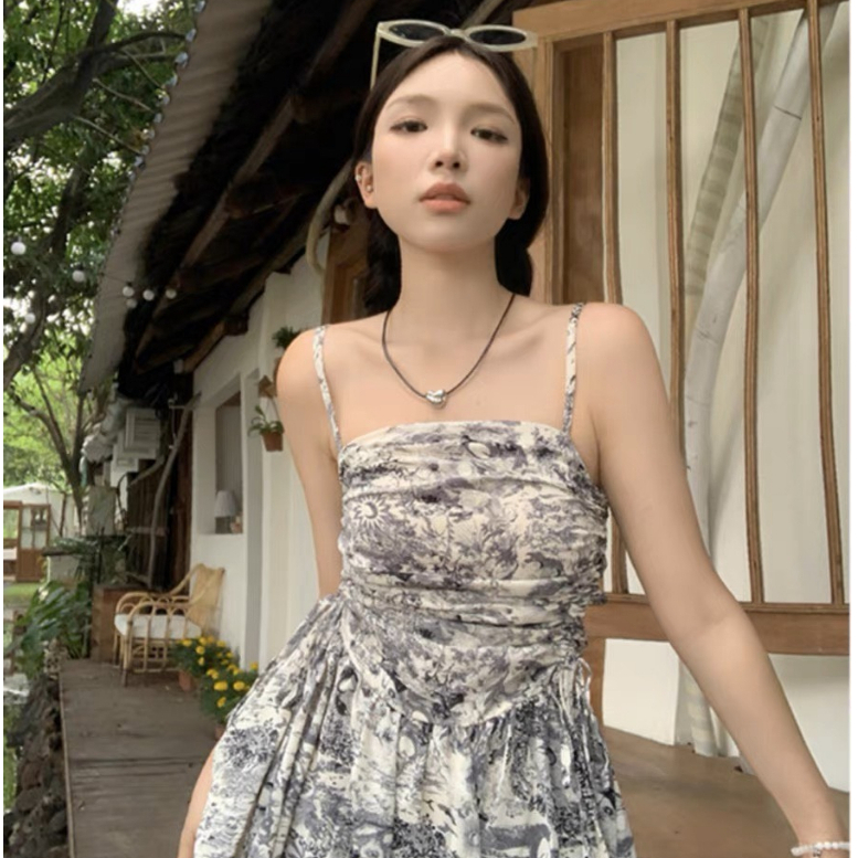 Đầm Dài Hai Dây Dáng Ôm In Họa Tiết Mực In Phong Cách Hàn Quốc Cổ Điển Thời Trang Cho Nữ.