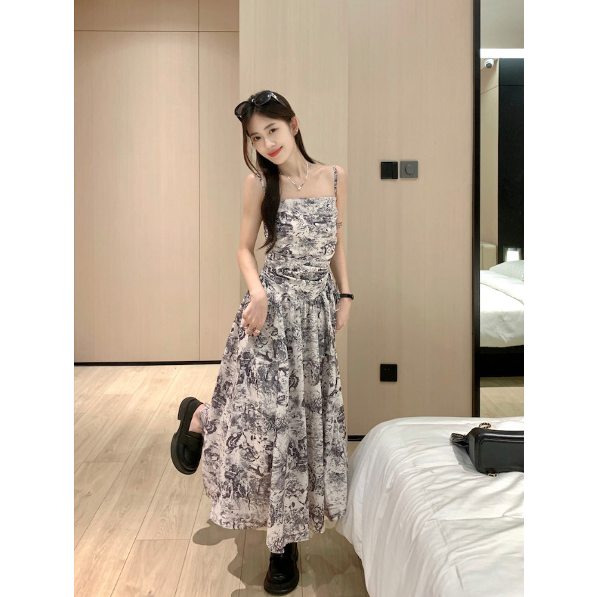 Đầm Dài Hai Dây Dáng Ôm In Họa Tiết Mực In Phong Cách Hàn Quốc Cổ Điển Thời Trang Cho Nữ.