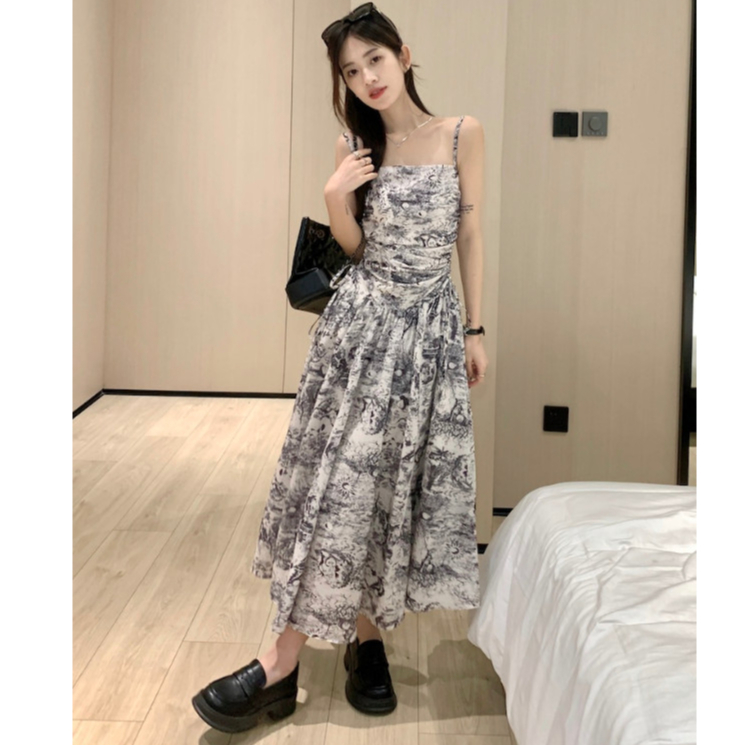 Đầm Dài Hai Dây Dáng Ôm In Họa Tiết Mực In Phong Cách Hàn Quốc Cổ Điển Thời Trang Cho Nữ.