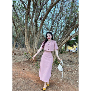 Sét váy nữ thời trang mặc đi chơi chất cotton lạnh áo croptop tay ngắn cổ tròn cài nút mix chân váy maxi dáng suông