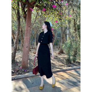 Sét váy nữ thời trang mặc đi chơi chất cotton lạnh áo croptop tay ngắn cổ tròn cài nút mix chân váy maxi dáng suông