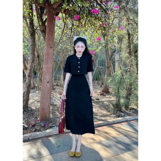 Sét váy nữ thời trang mặc đi chơi chất cotton lạnh áo croptop tay ngắn cổ tròn cài nút mix chân váy maxi dáng suông