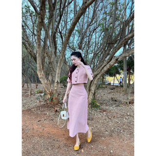Sét váy nữ thời trang mặc đi chơi chất cotton lạnh áo croptop tay ngắn cổ tròn cài nút mix chân váy maxi dáng suông