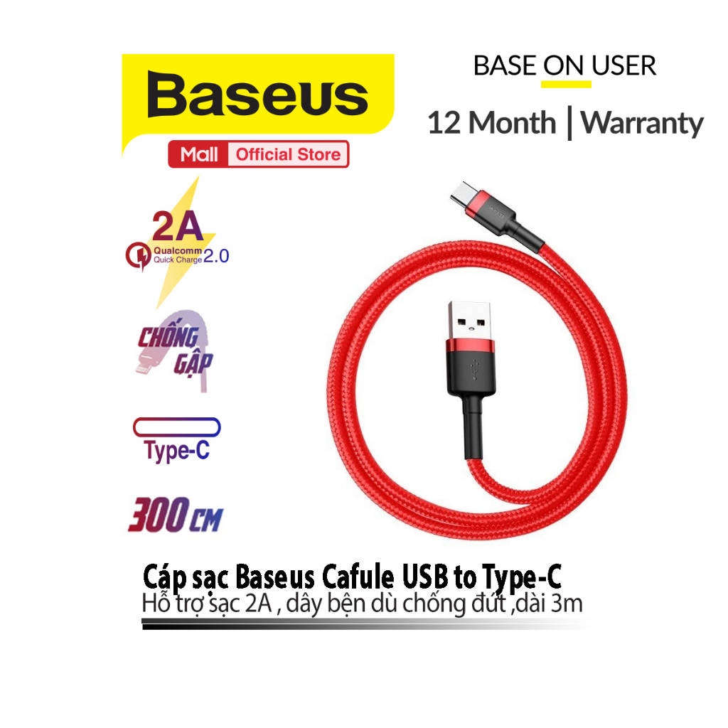 Ảnh Cáp sạc Baseus Cafule USB to TypeC hỗ trợ truyền dữ liệu cho Android/15/15 ProMax/15 Pro/16pro/16promax (0.5m/1m/2m/3m) 3