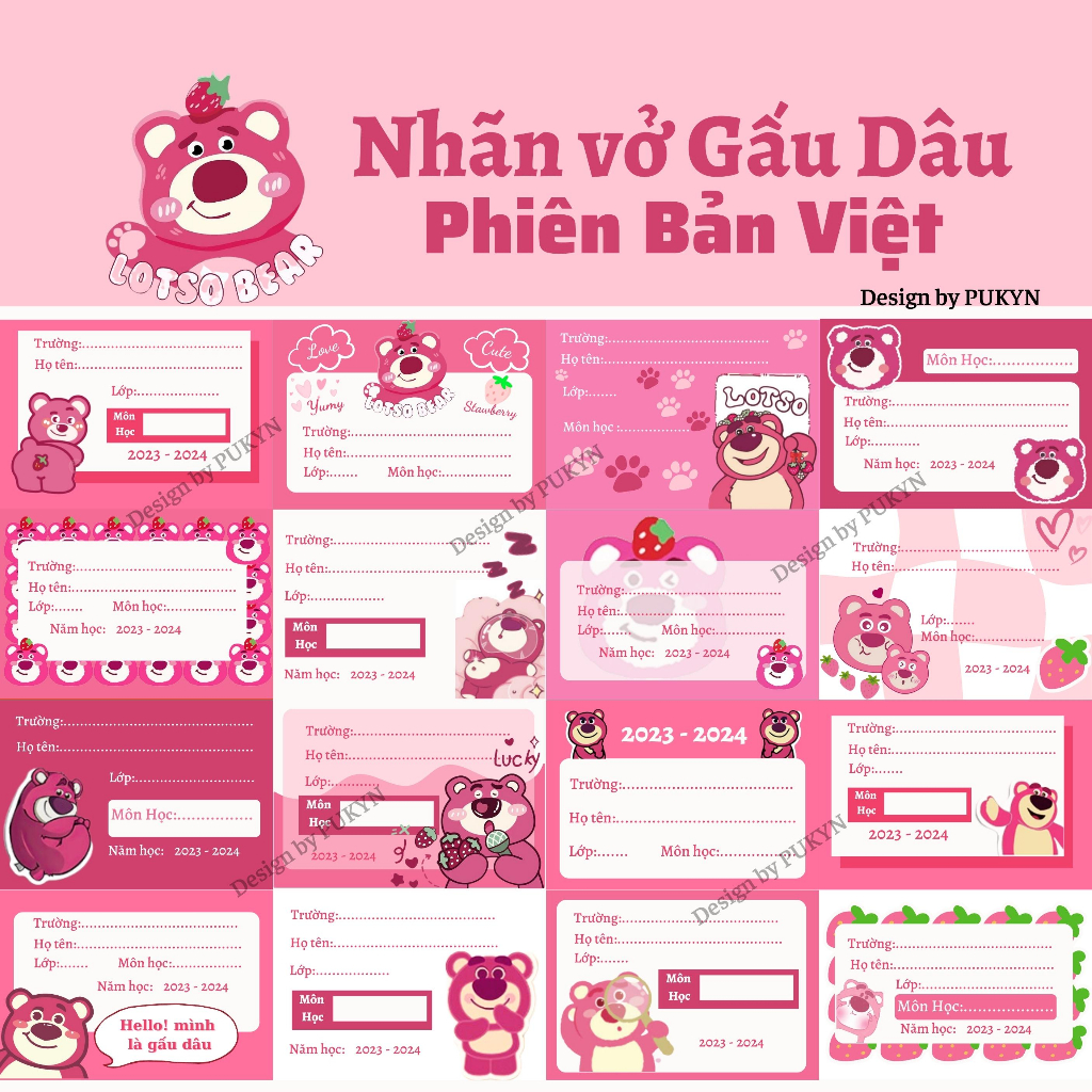 Nhãn Vở Gấu Dâu Lotso Set 16 Nhãn In Theo Yêu Cầu Giá Rẻ Siêu Cute 