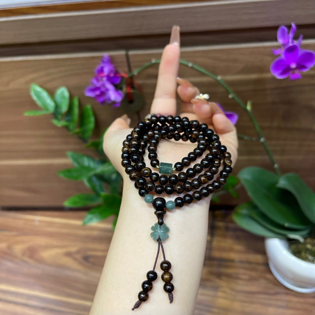 Vòng Tay Trầm Hương 108 Hạt Nữ – 6mm | Sánh Chìm, Mix Đá Cao Cấp, Charm Tóc Vàng | Chuỗi Tràng Hạt & Bình An