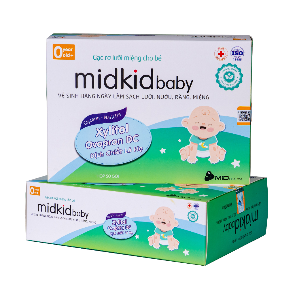 Gạc rơ lưỡi Midkid Baby cao cấp cho trẻ sơ sinh, giúp làm sạch ngăn ngừa tưa nấm lưỡi, tiêu chuẩn ISO 5 sao - Hộp 50 gói