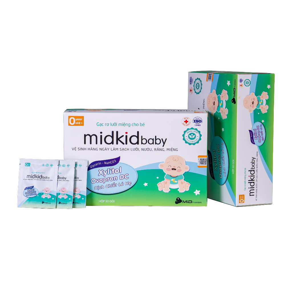 Gạc rơ lưỡi Midkid Baby cao cấp cho trẻ sơ sinh, giúp làm sạch ngăn ngừa tưa nấm lưỡi, tiêu chuẩn ISO 5 sao - Hộp 50 gói