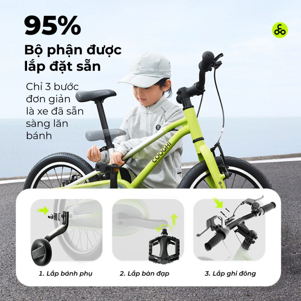 Xe đạp cho bé Cooghi F3, khung nhôm 6061 siêu nhẹ 1.75kg, có bánh phụ